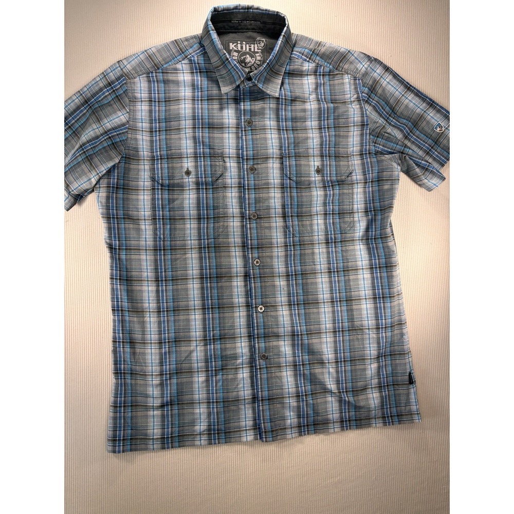 Kuhl Shirt Men's Medium Eluxor Short Sleeve Button Front Blue Plaid Hiking